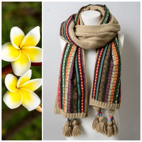 Bohemian Knit Braided & Tassel Scarf - Picture 2 of 8